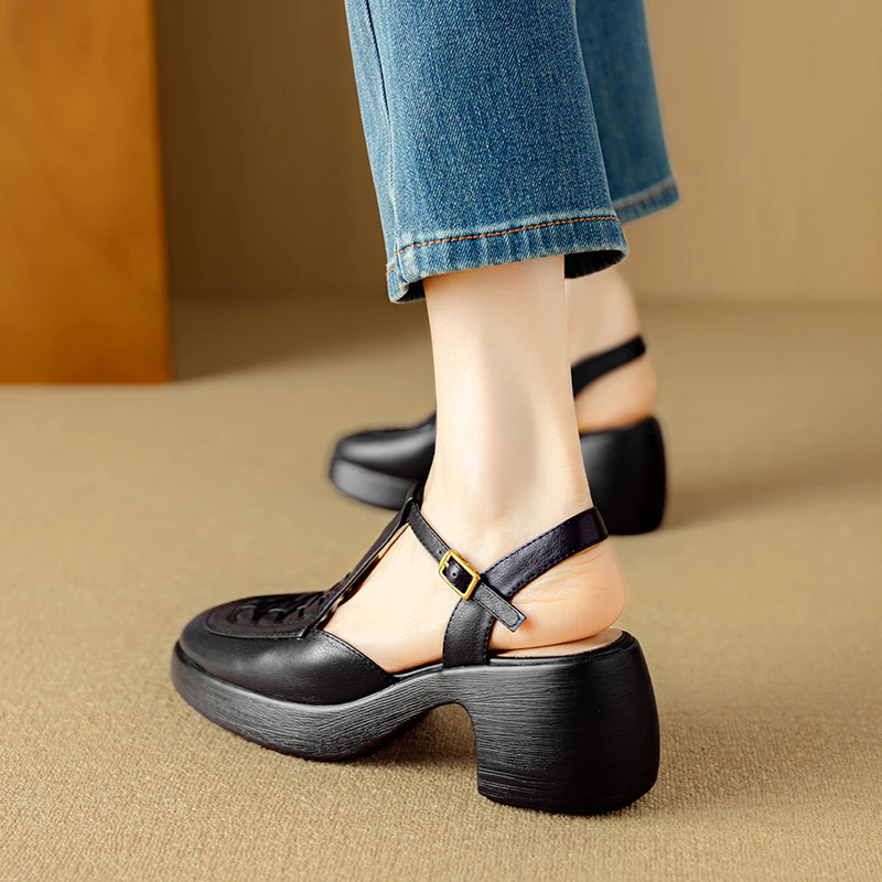 小个子增高7.5cm~真皮编织包头凉鞋女丁字带小皮鞋松糕厚底洞洞鞋