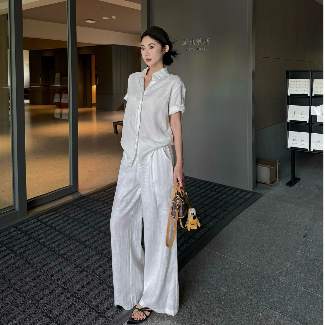 老钱风慵懒轻熟亚麻休闲套装简约时尚上衣半身裙休闲阔腿裤短袖