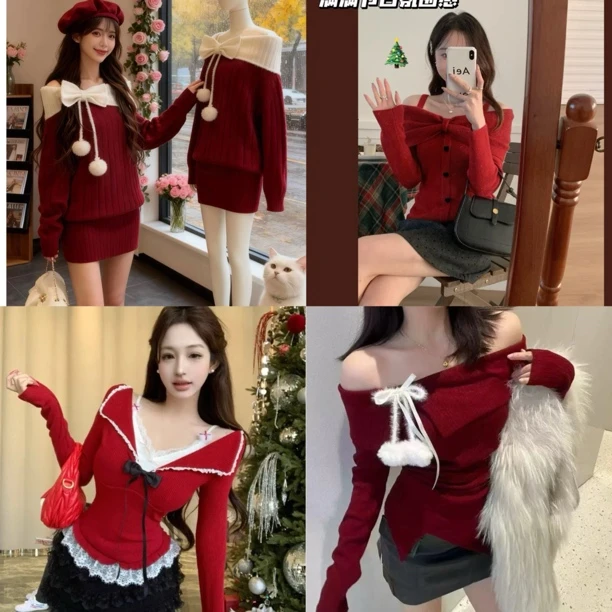 2025秋冬新款纯欲风方领蝴蝶结长袖针织喇叭袖女装打底修身显瘦