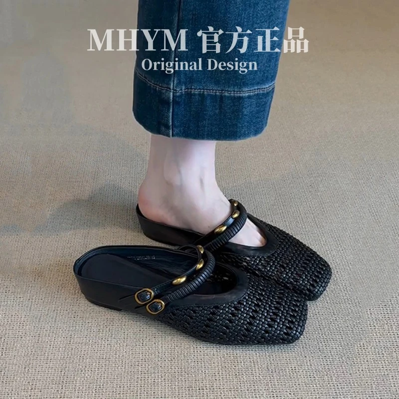 MH官方百搭黑色手工编织镂空透气包头鞋女金属一字带方头半拖鞋
