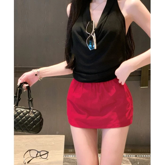 红色高腰半身裙女装夏季防走光裤裙美式辣妹裙子显瘦百搭a字短裙