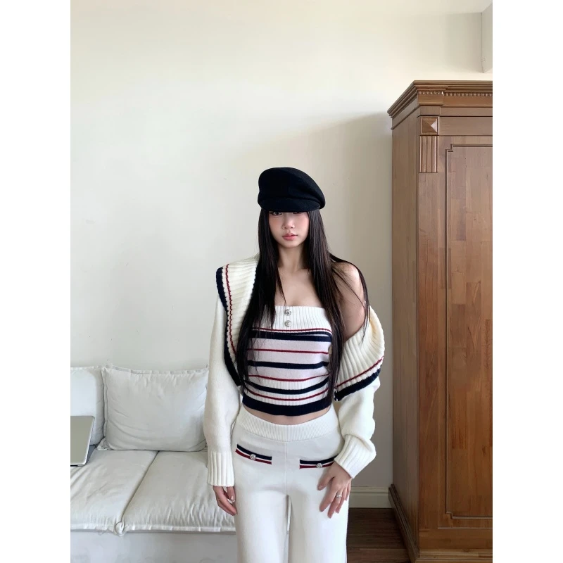 withmin凉皮 秋冬条纹针织抹胸翻领开衫裤子慵懒风套装N260008