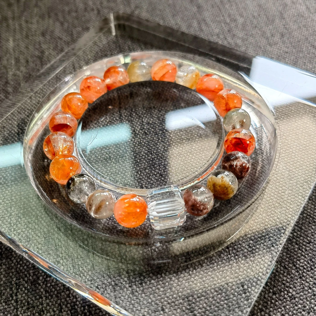 天然 卡9-10 红胶花 四季幽灵 白水晶方糖 原创手串