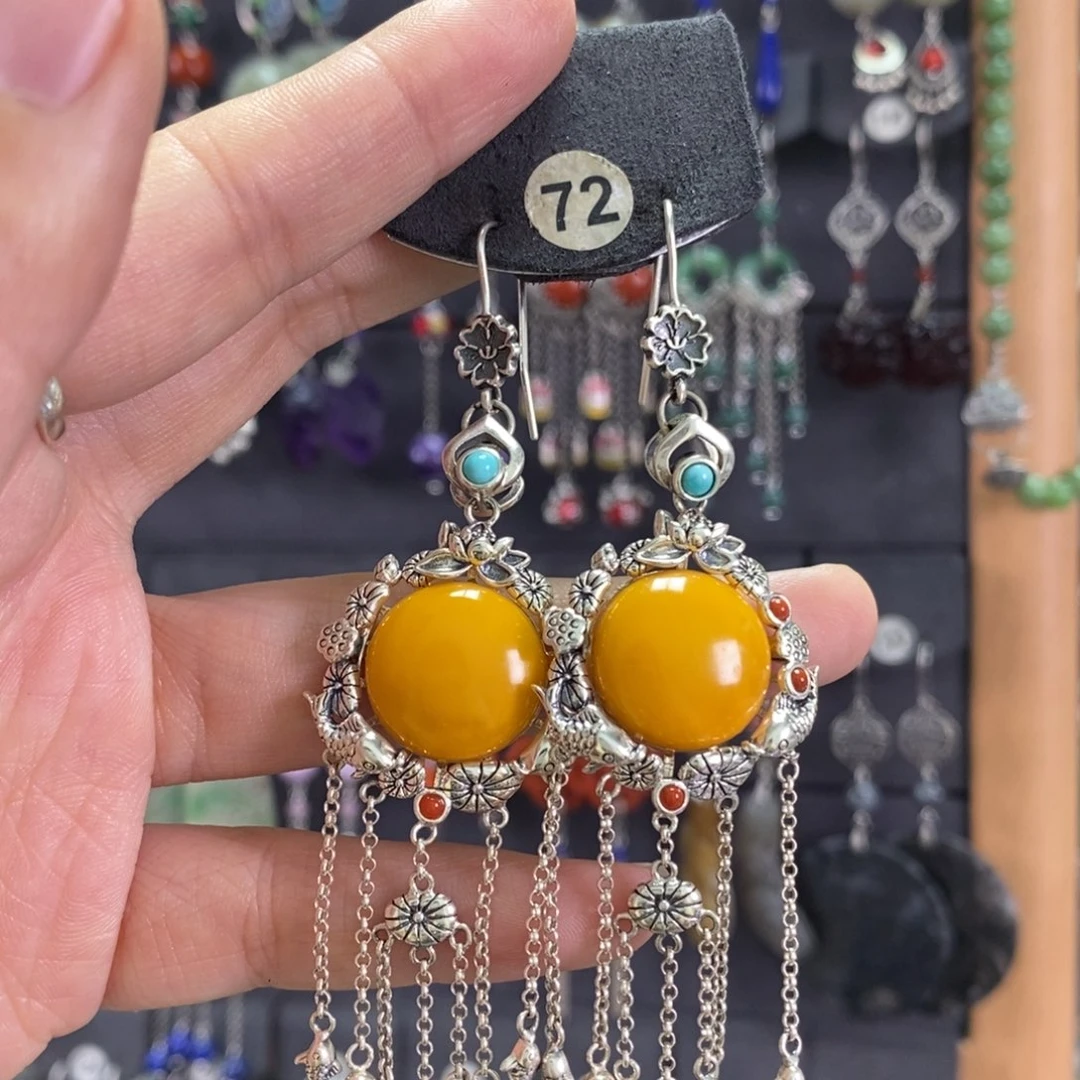 蜜蜡耳饰银S925镶嵌遇****?X28