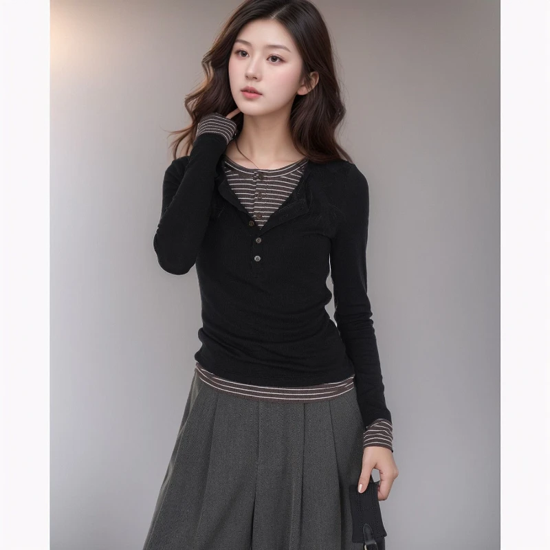 条纹假两件内搭长袖t恤女2025秋季款小众设计感修身打底衫上衣