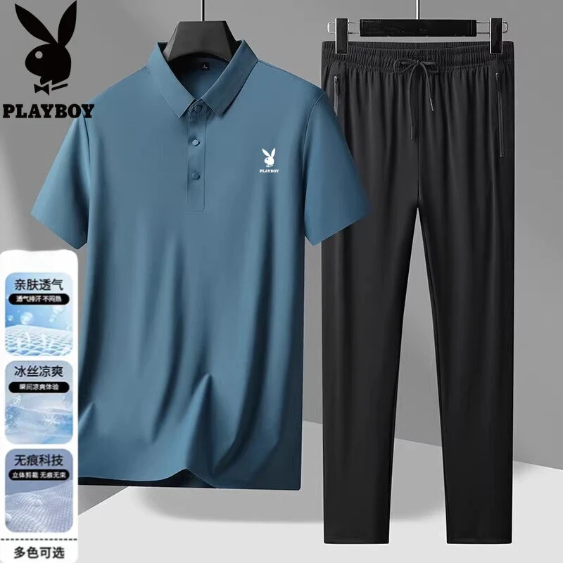 花花公子中老年潮流时尚薄款翻领短袖POLO衫夏季爸爸夏装套装冰丝