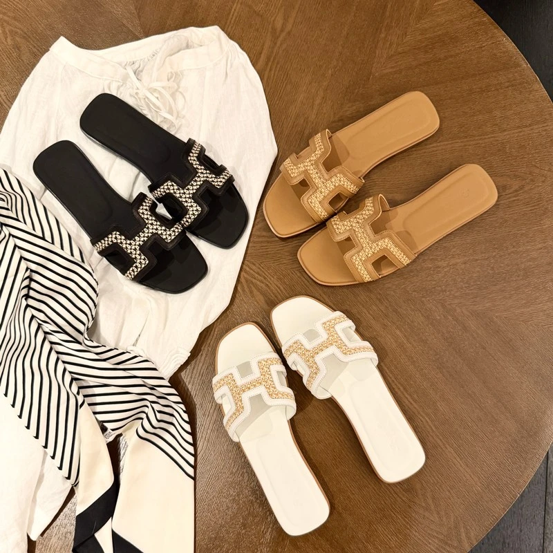 H拖鞋编织拖鞋女 平跟一字拖凉拖鞋女