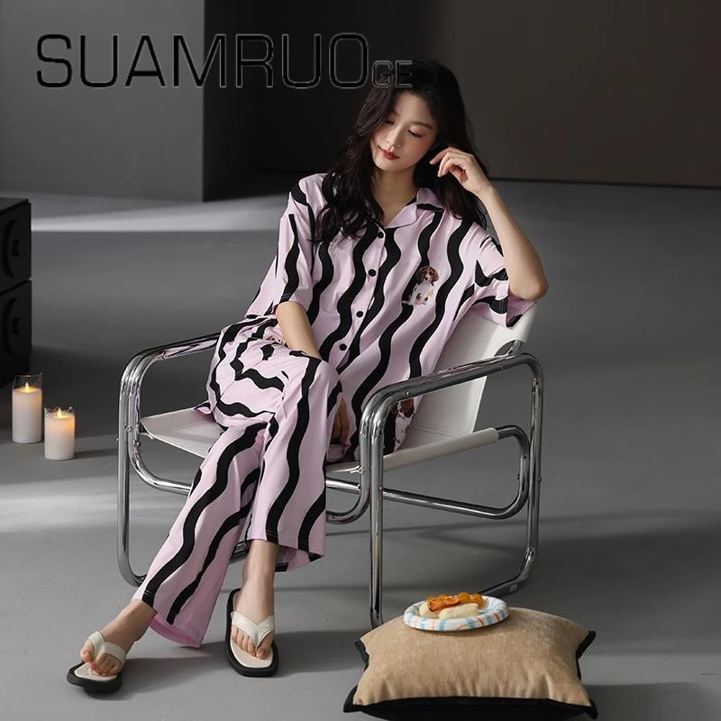 韩版小众睡衣女款秋季凉感短袖长裤薄款开衫莫代尔棉家居服套装