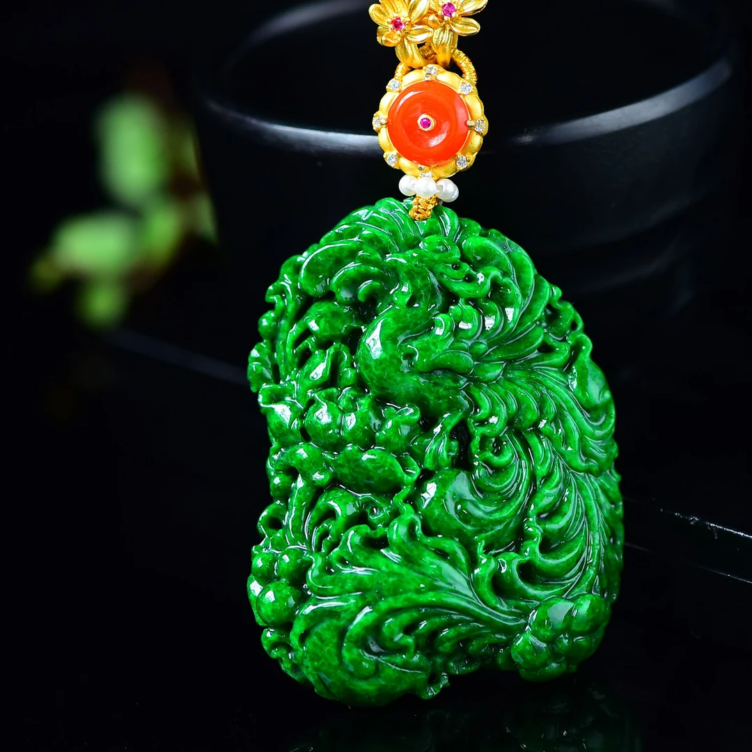 天然A货翡翠花青满阳绿色辣绿色翡翠如意凤凰牡丹吊坠毛衣链