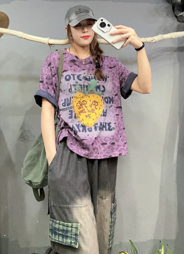 9901新款时尚百搭宽松休闲夏季韩版洋气纯棉复古印花半袖T恤