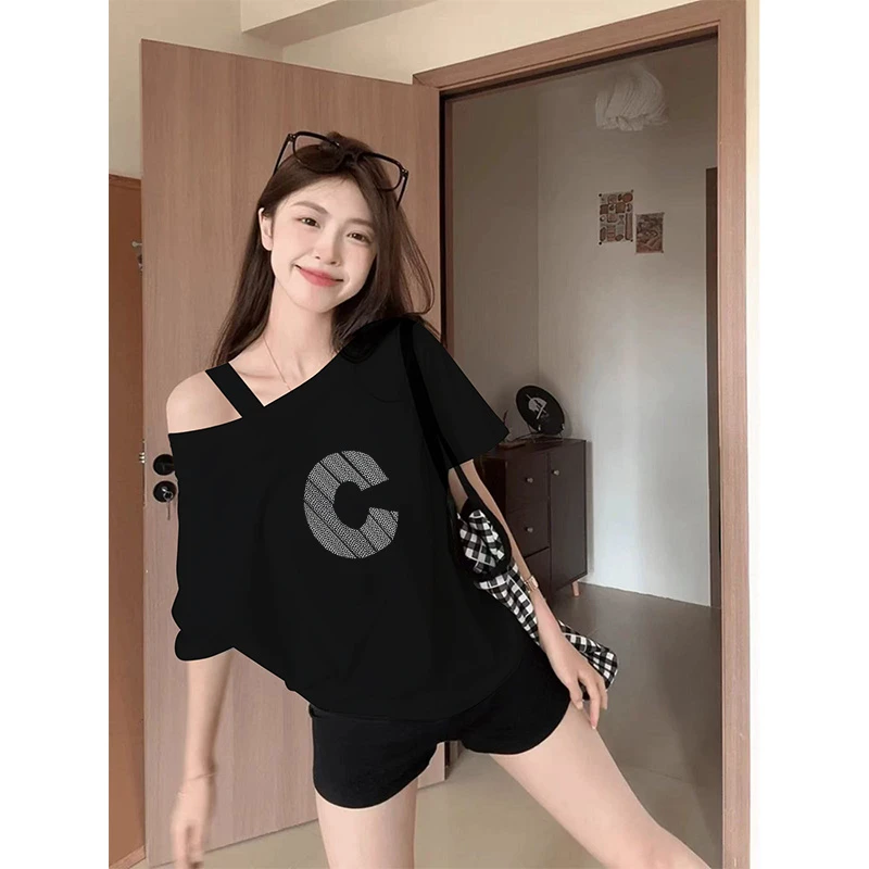 2025夏季新款韩版宽松一字吊带中长款短袖t恤女学生长款打底衫薄