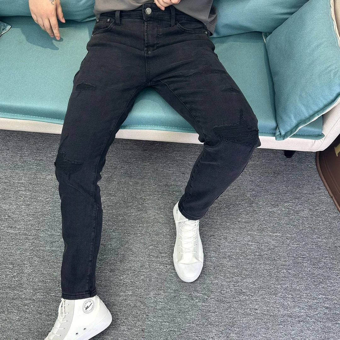 男士春季破洞水洗男牛仔裤子弹力修身九分黑色个性潮流宽松韩版