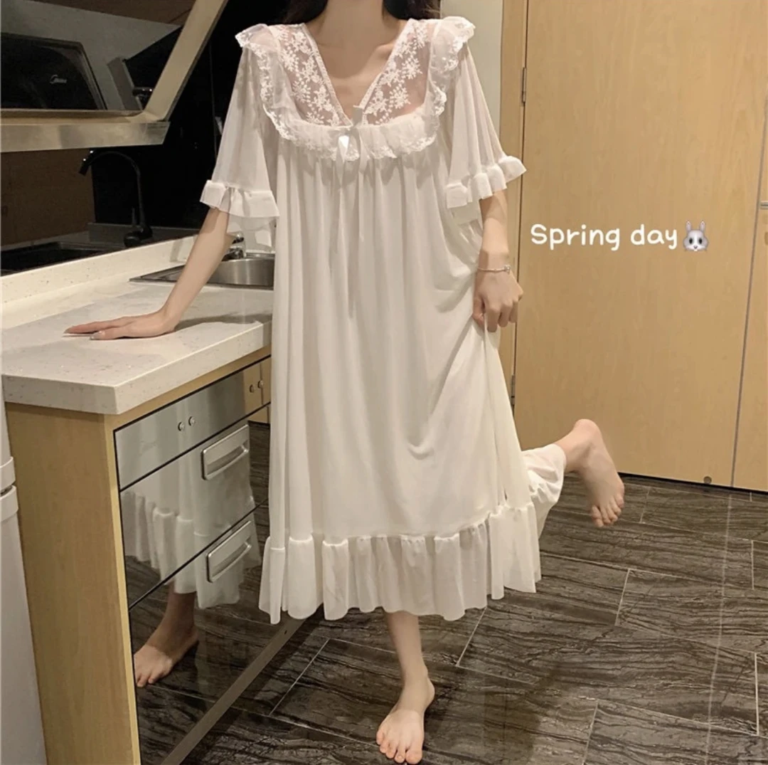 夏季短袖睡裙女公主风家居服网纱纯色蕾丝边仙女风睡衣睡裙6661