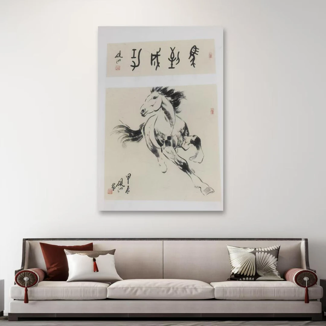 刘伟-手绘国画-6-马到成功-1平尺+书法-宣纸-客厅办公室挂画