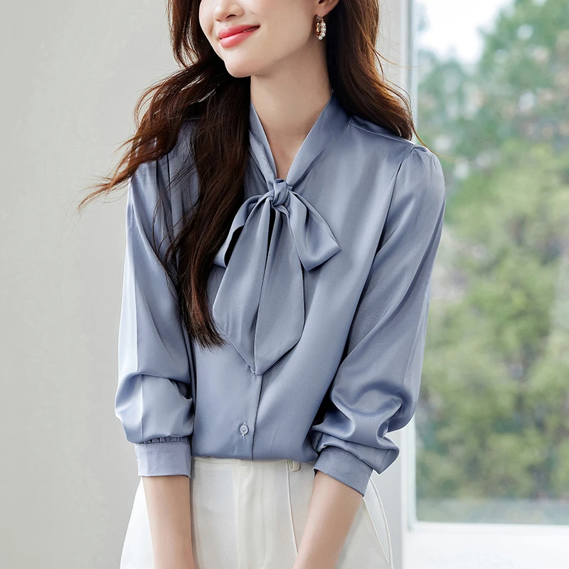 法式气质缎面长袖雪纺衬衫女秋装2025秋季新款别致蝴蝶结职业上衣