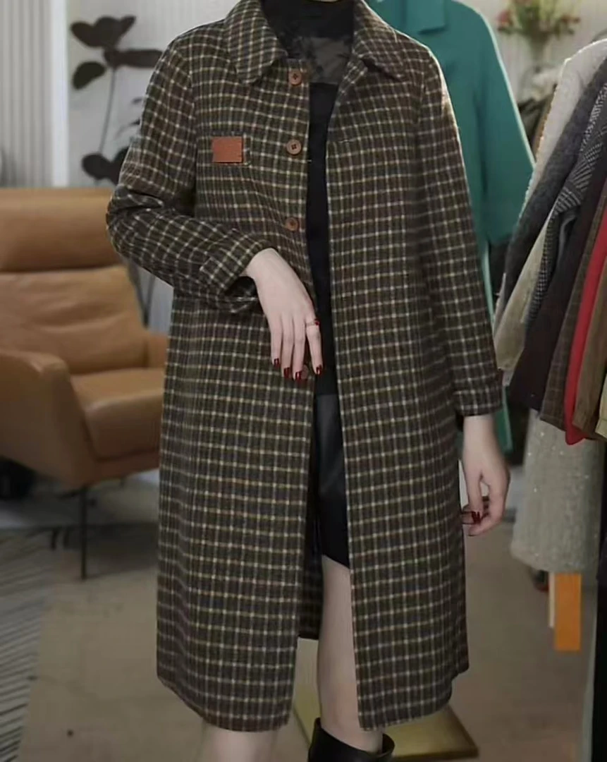 【JX2015咖色格子羊毛大衣】M多多专属时尚休闲大气25新款羊毛大衣
