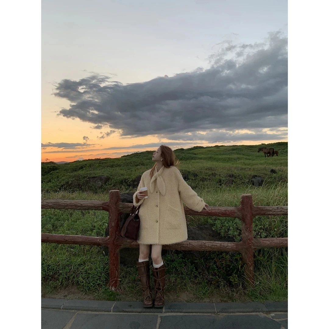 【暖炉烤茶】秋冬韩系甜美糕糕毛宽松HC毛呢外套