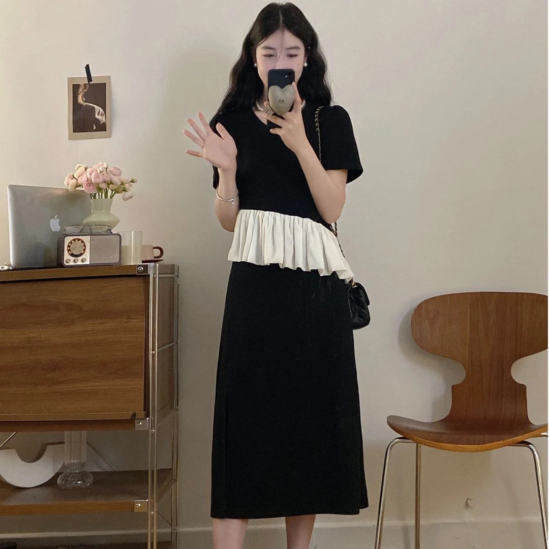 法式高级感荷叶边撞色拼接假两件气质收腰开叉a字孕妇哺乳连衣裙