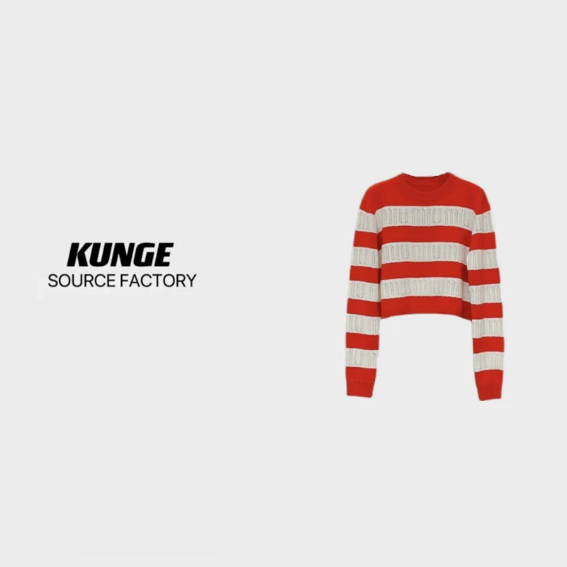 KUNGE- 休闲时尚红白条纹拼色镂空圆领百搭针织款式毛衣-6035