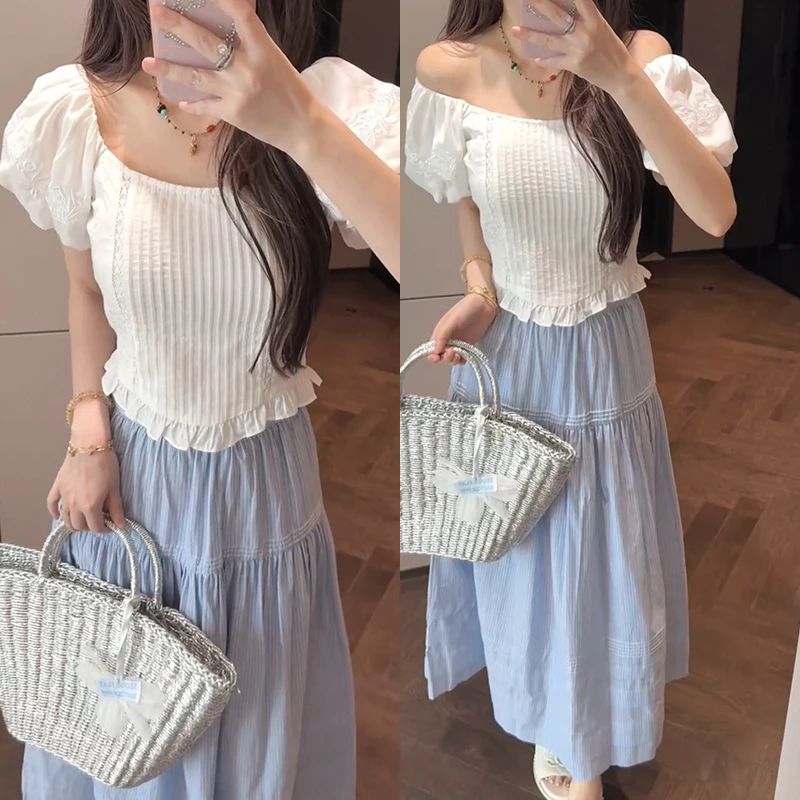 【mimius】七七 清新减龄泡泡袖一字肩上衣+条纹半裙（正腰）G05186