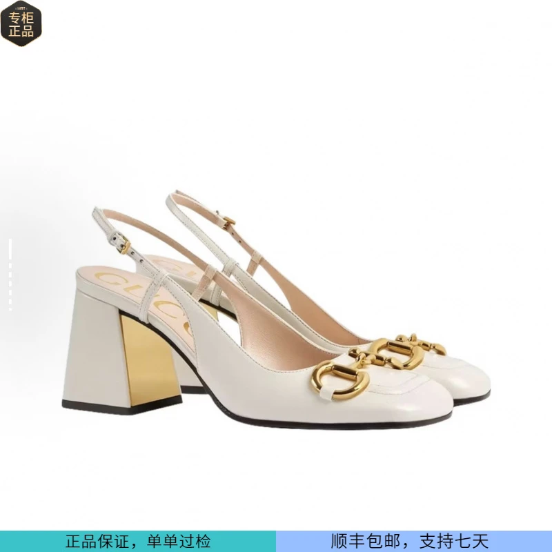 未使用 GUCCI/古驰 25985古驰马前扣白色高跟凉鞋全新