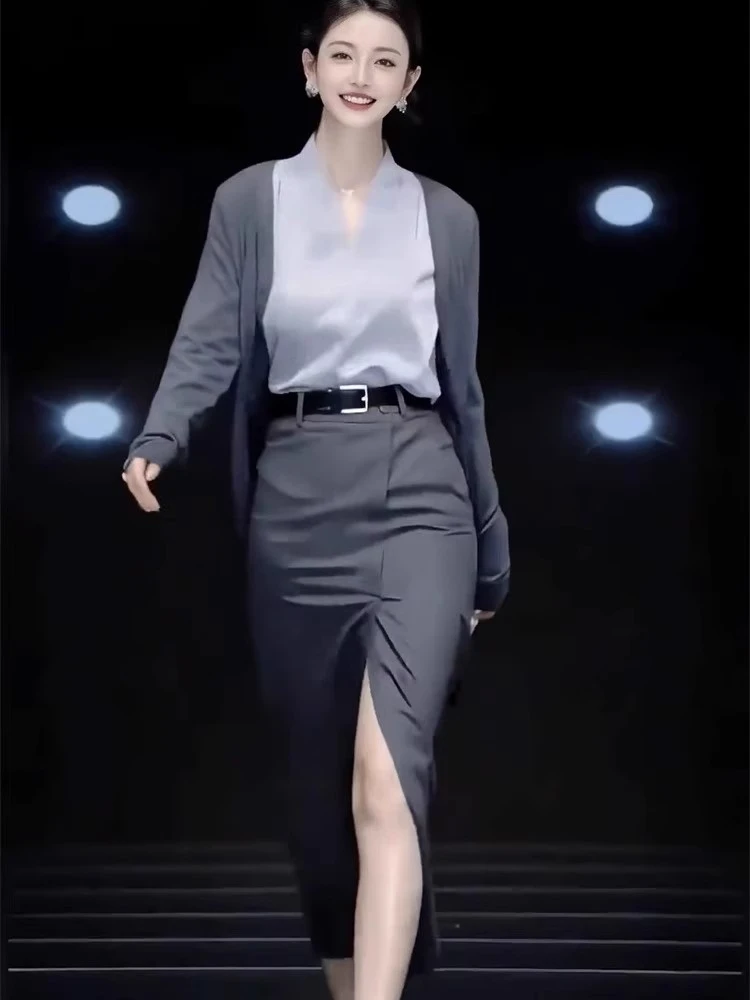 2025年春季新款简约时尚高级感V领衬衫百搭外套开叉半身裙套装女