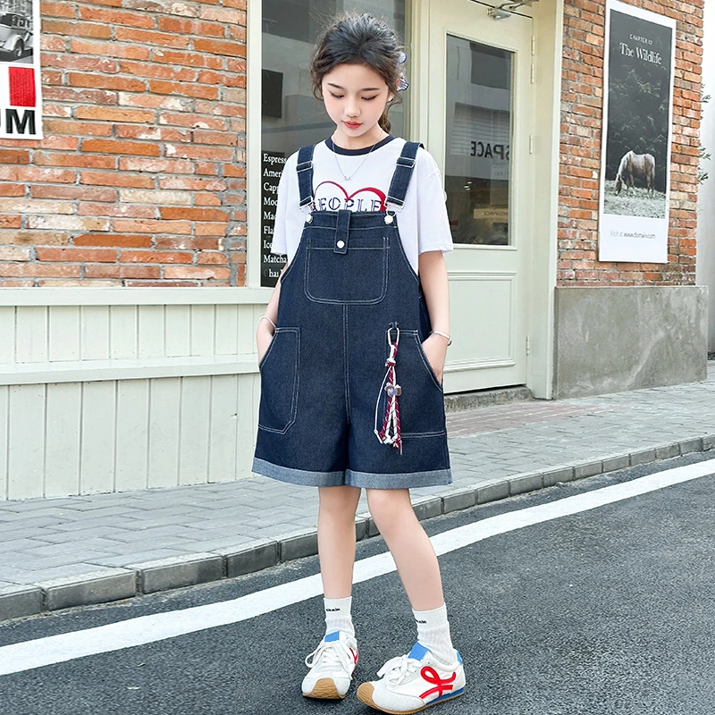 女童夏装套装2025新款儿童超好看韩范女孩短袖牛仔背带短裤两件套