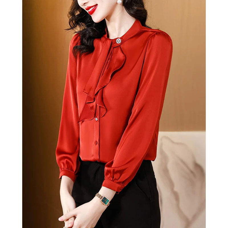 法式蝴蝶结荷叶边衬衫女春季新款妈妈设计感飘带减龄纯色缎面上衣