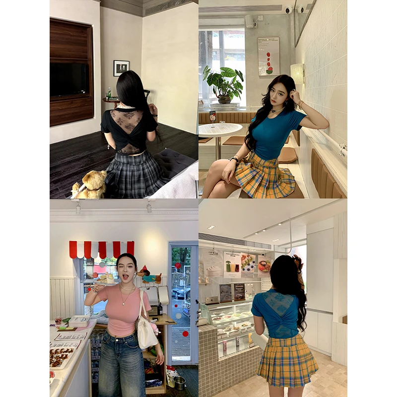 肉装小cherry 美背攻心 微胖正肩修身上衣后背拼蕾丝扭结短袖T恤