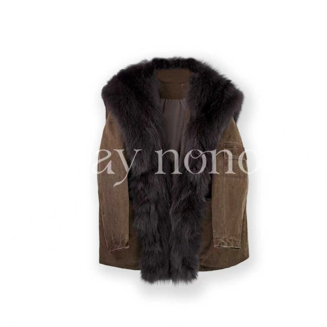 懒猫nono│Saynono 时尚复古狐狸毛领披肩白鹅绒牛仔外套 G0511LJY