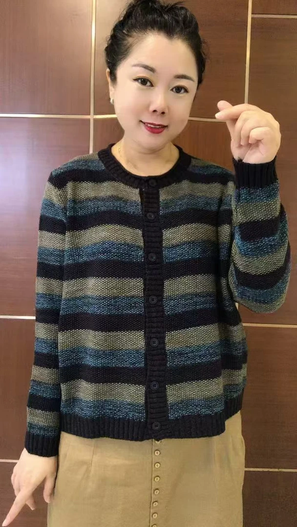 纯棉针织条纹宽松开衫