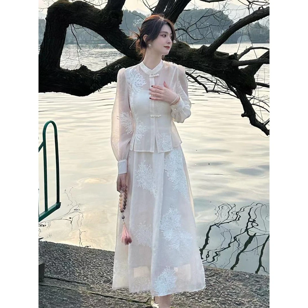 新中式改良日常系带盘扣旗袍套装女装夏仙气禅意国风半身裙两件套