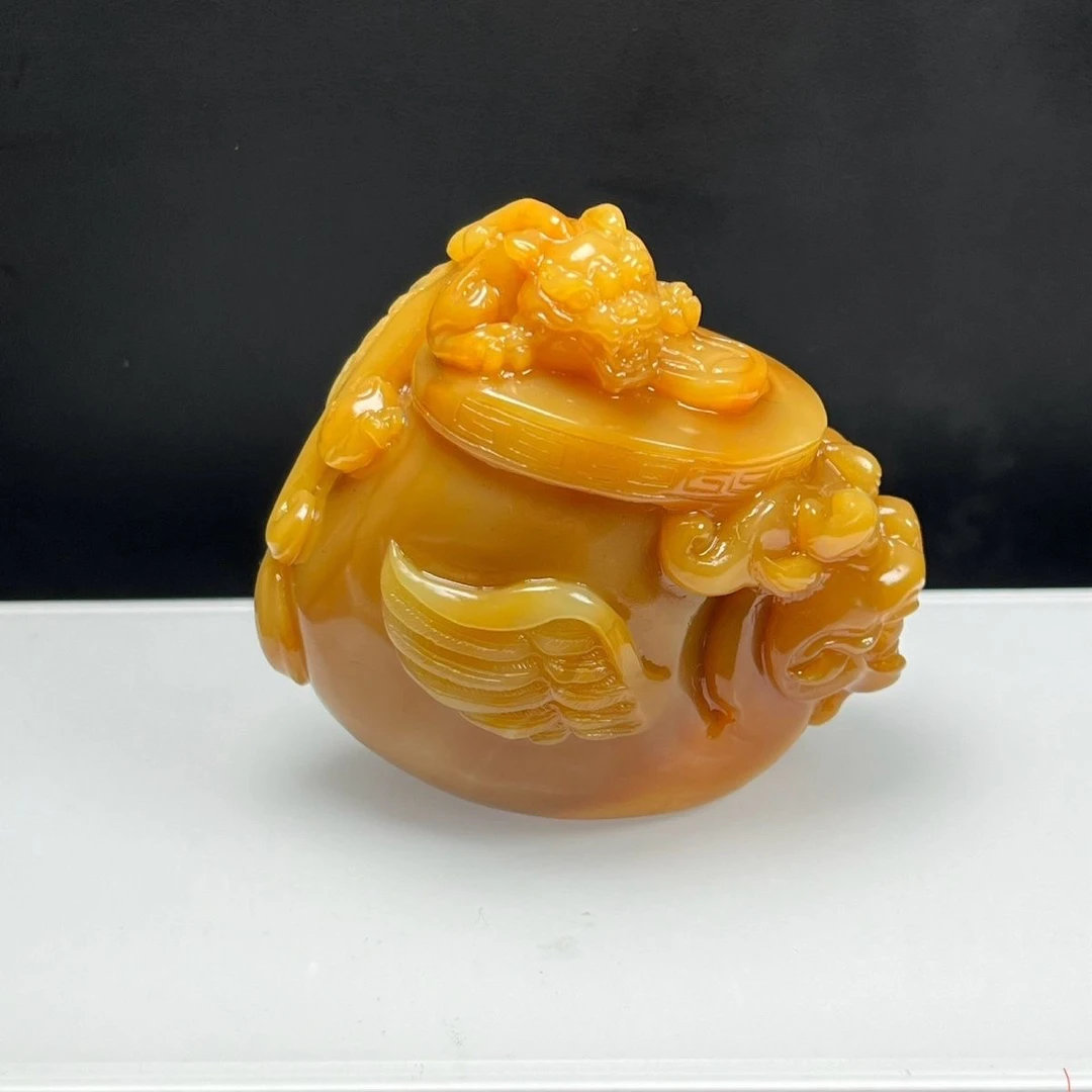 瑞皇翠 纯天然玉石精品珠宝缅料蛋黄聚宝盆人中之龙摆件手玩茶宠