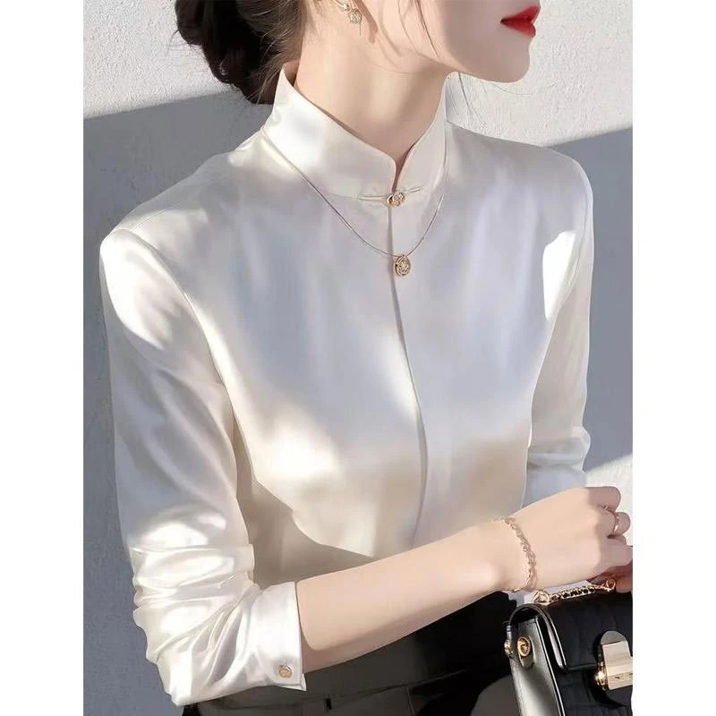 高级感新中式国风立领衬衫女2025年春季新款纯色洋气百搭套头上衣