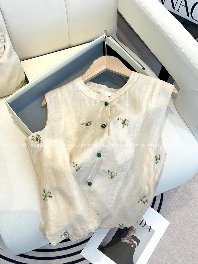 夏季2025新款新中式衬衫女设计感小众重工刺绣国风背心潮马甲小衫