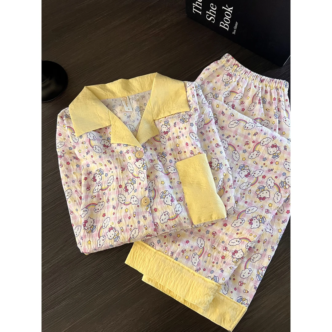 甜美可爱慵懒粉色Kitty睡衣女春秋新款长袖长裤家居服套装可外穿