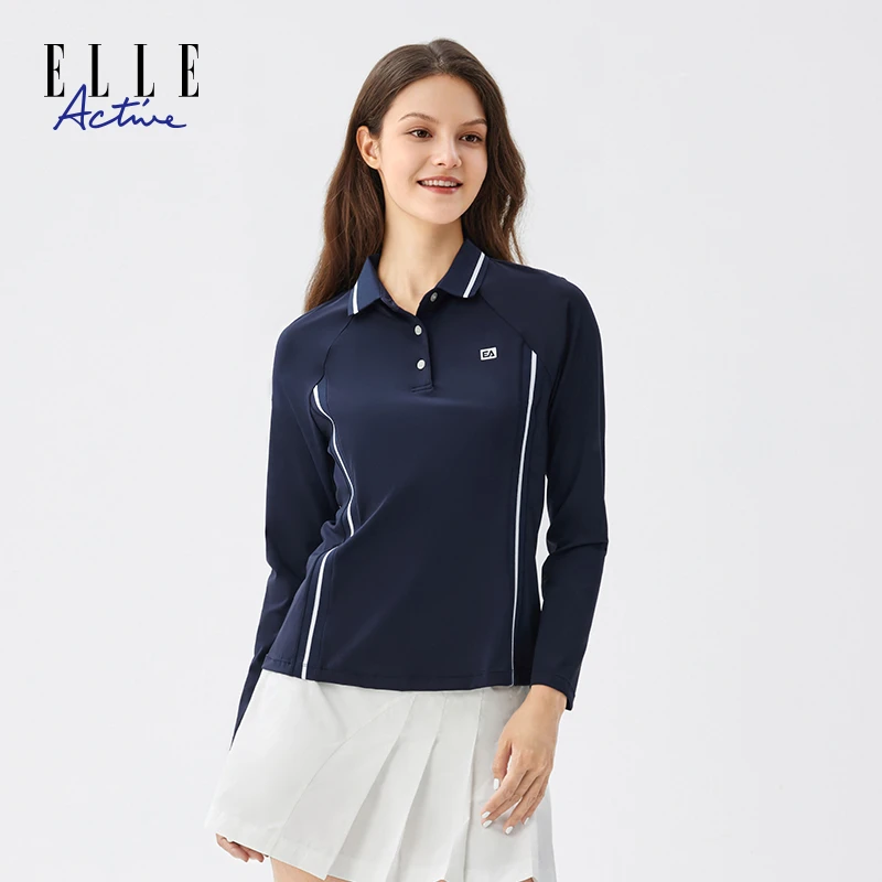 ELLE Active高尔夫长袖POLO衫都市轻盈运动上衣时髦拼色休闲女装