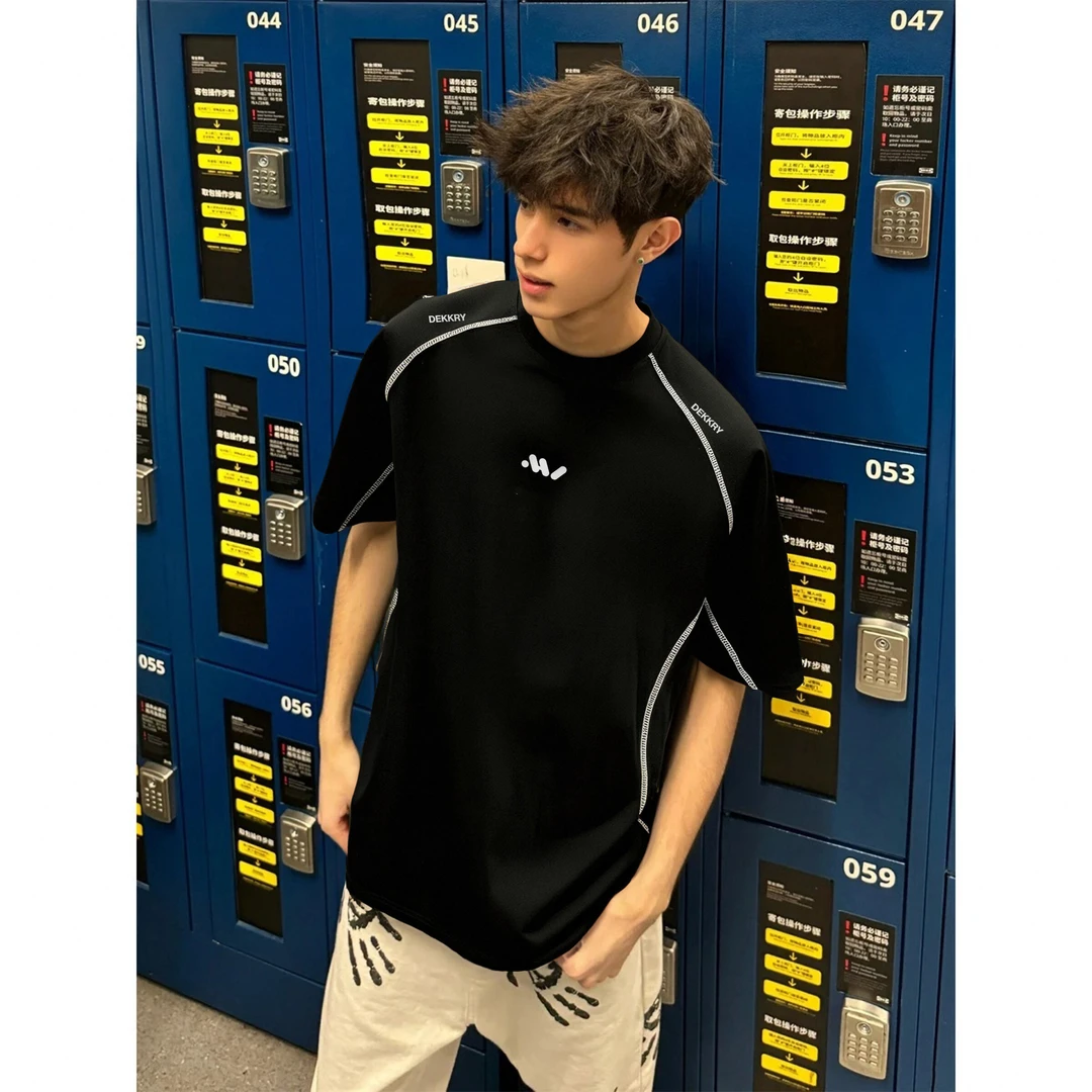 美式设计感字母印花明线短袖T恤男春夏季街头风休闲重磅圆领上衣