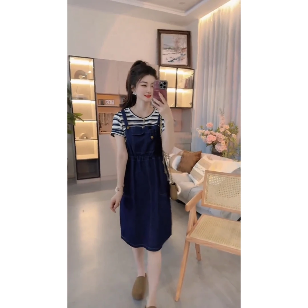 2025年夏季新款假两件牛仔背带裙女洋气减龄大码宽松韩版中长裙子
