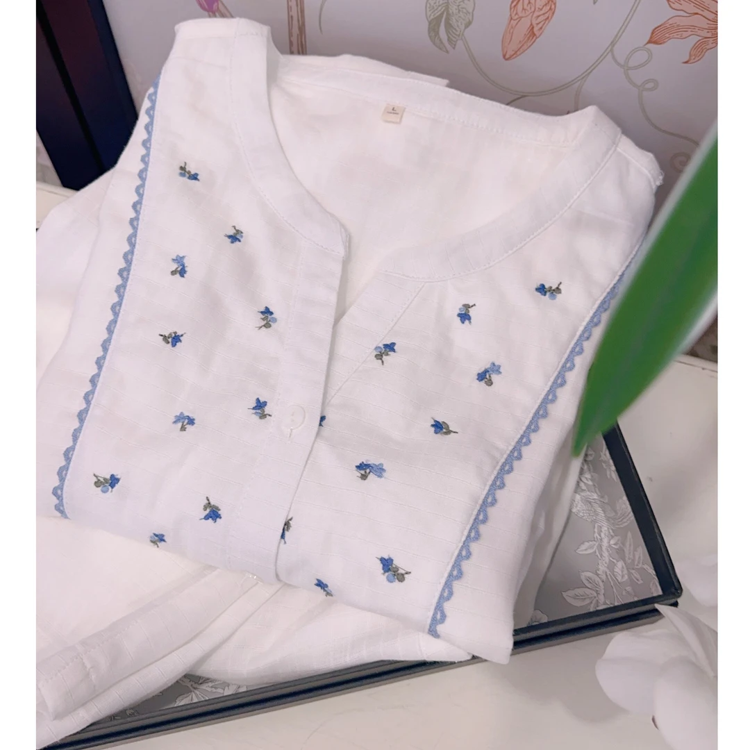 春夏女士纯棉纱布睡衣甜美精致刺绣长袖长裤家居服套装