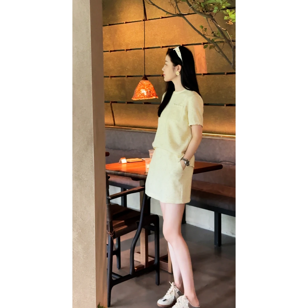 【MEEUMI】女装夏季棉短袖圆领小香风气质裙裤套装AF2307HH