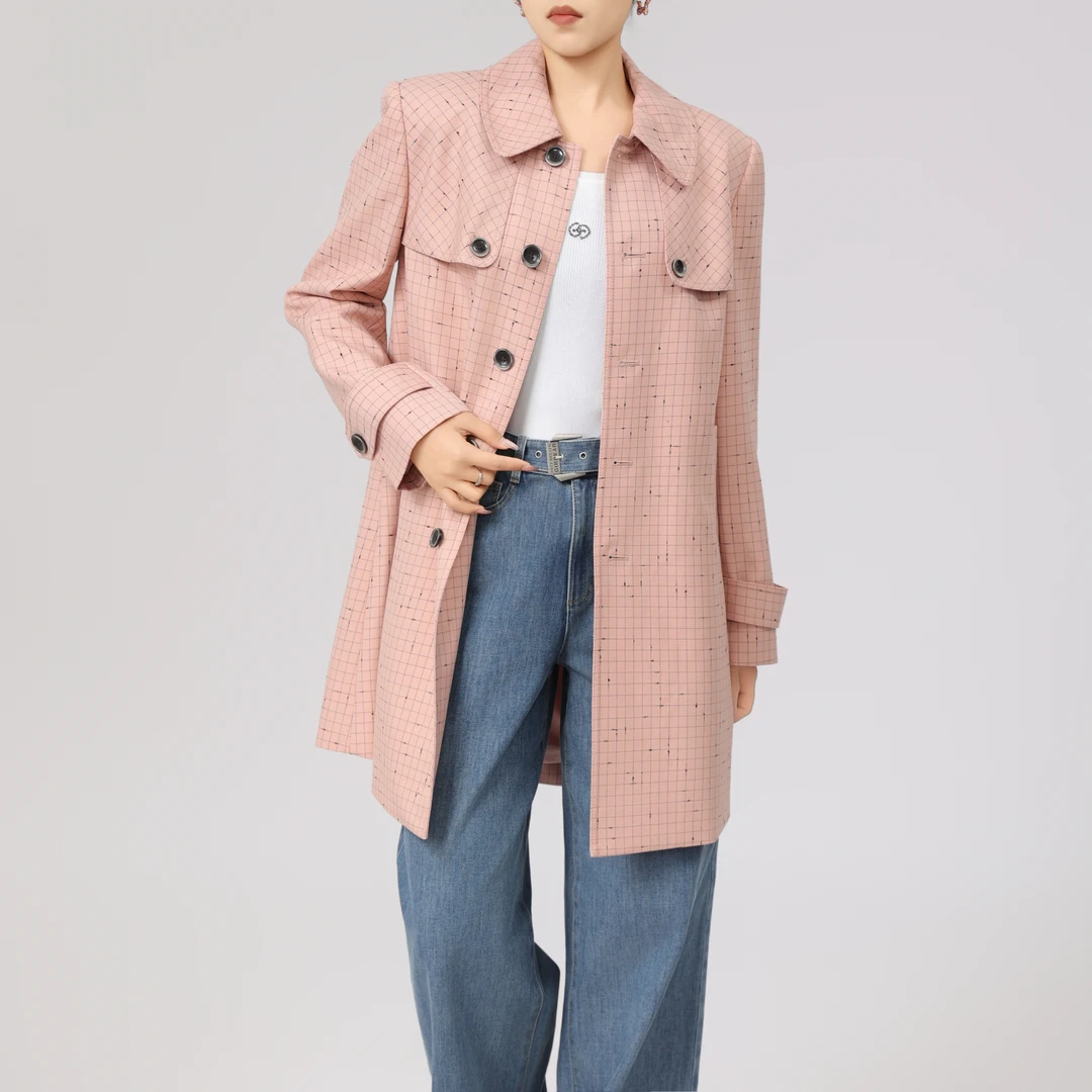 GIRDEAR/哥弟冬季气质宽松格子上衣新款千鸟格翻领风衣1400763