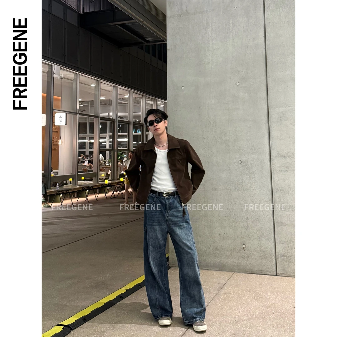 FREEGENE美式复古正肩夹克美拉德色系翻毛皮短款外套通勤日常