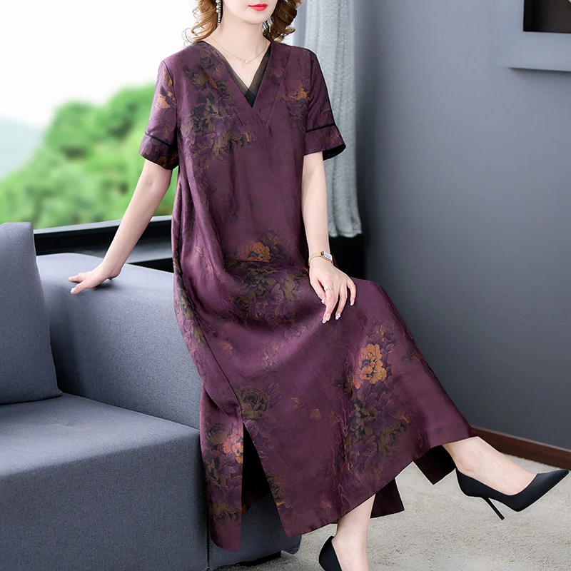 连衣裙女2025夏季新款妈妈装时尚复古宽松遮肉大码长裙