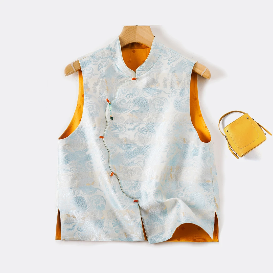 琸娅92%桑蚕丝AB两面穿提花中国风高端女装无袖织锦缎真丝马甲