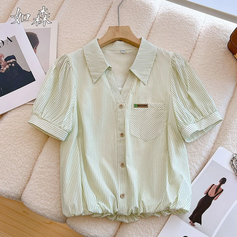 短款绿色条纹短袖正肩衬衫女收腰2025夏季新款polo上衣设计感小众
