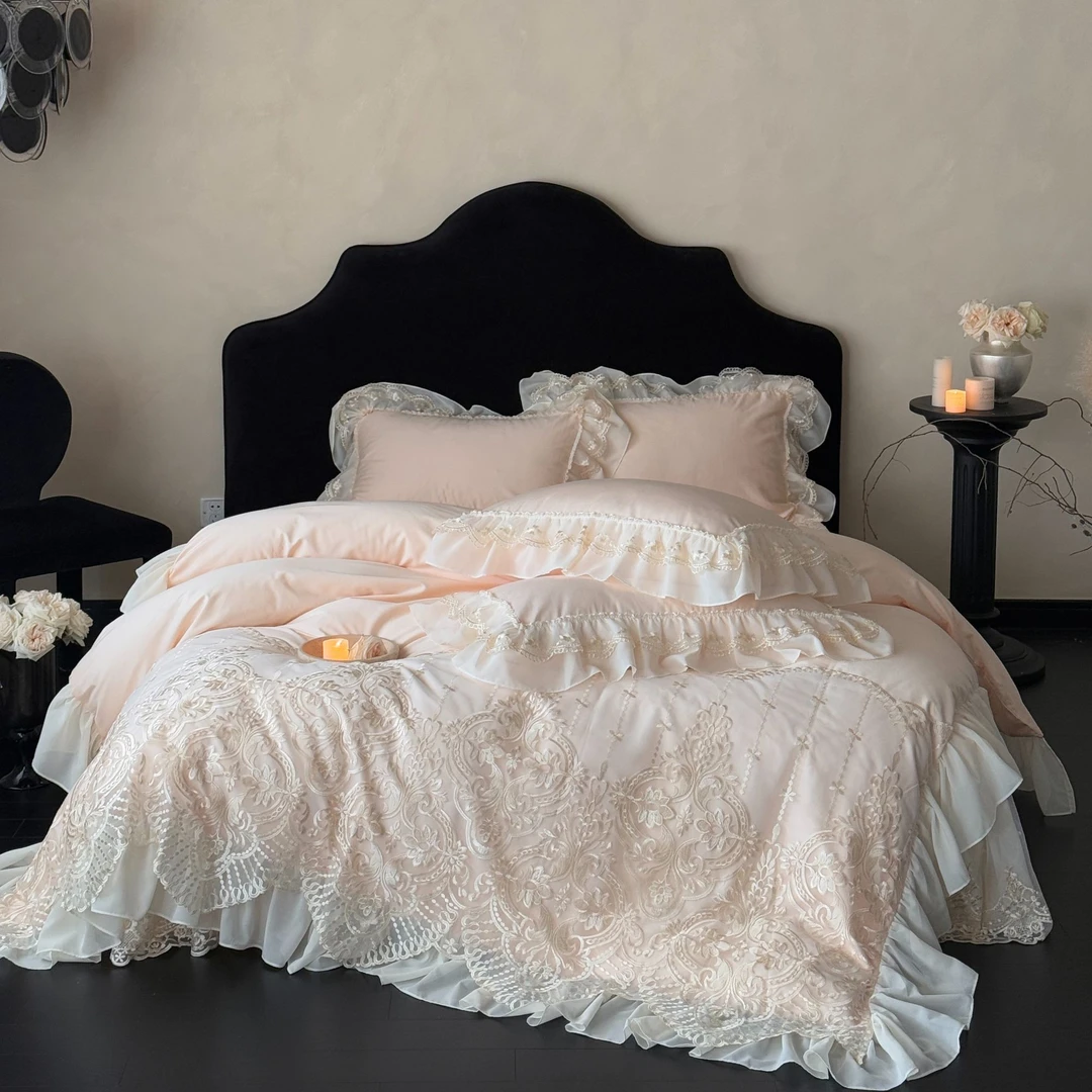 春夏新品公主风长绒棉纯棉四件套全棉花边被套法式床盖款床上用品