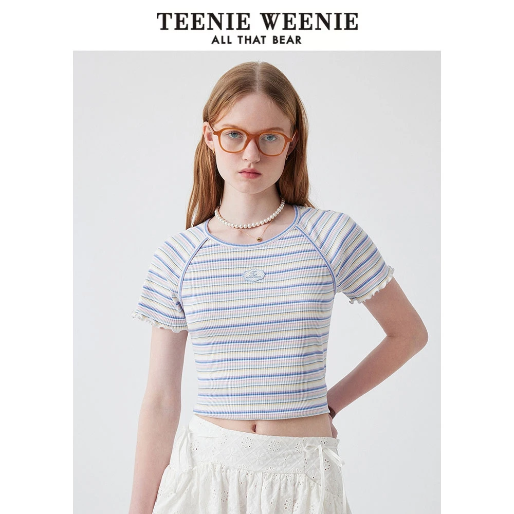 TeenieWeenie小熊25夏季新款彩色细条纹木耳边上衣女TTRS252411T