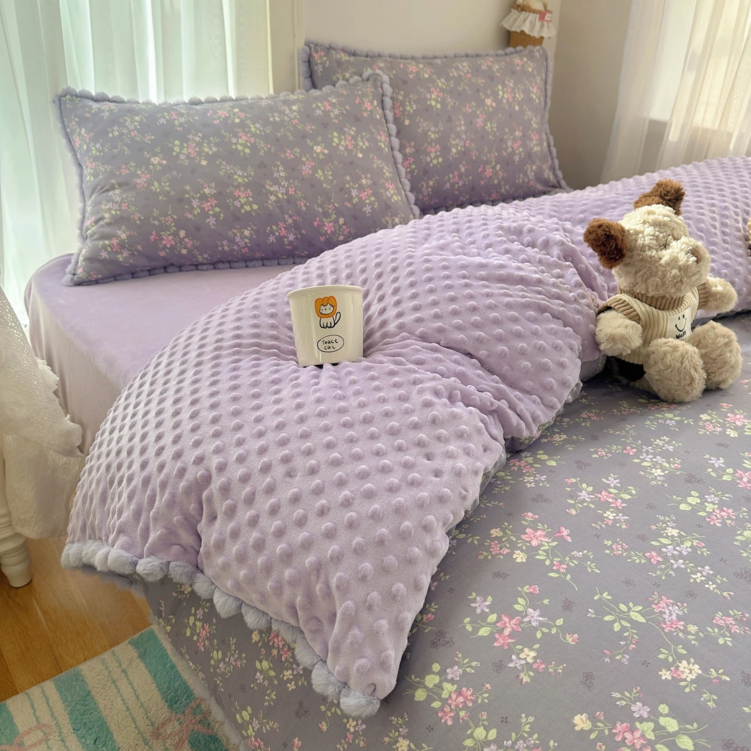 A面纯棉双层纱B面豆豆绒四件套卧室被套床单学生宿舍保暖床品套件