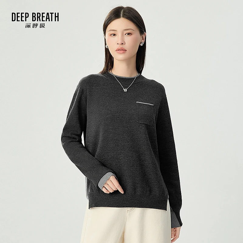DEEP BREATH深呼吸简约圆领廓形假两件拼色针织衫套头衫女A301762